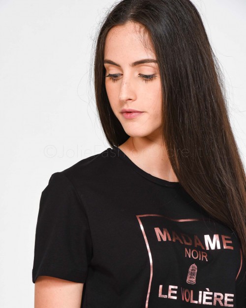 Le Voliere T-Shirt Nera con Stampa Rosa  WW21T103JB