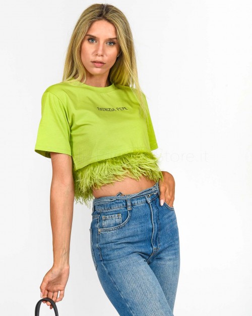 Patrizia Pepe T-Shirt Cropped con Piume Asparagus
