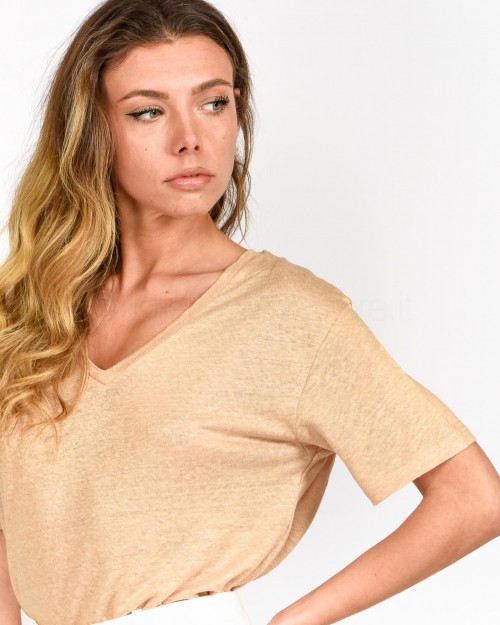★Not Shy T-Shirt Scollo a V in Lino Beige  4205014 STEPPE