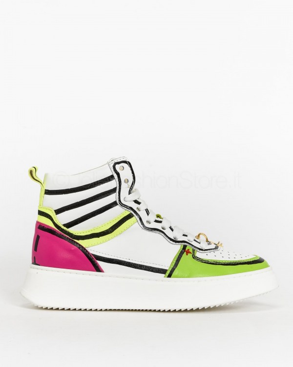 Gio + Sneakers Alta Bianca e Multicolore Segni Neri  ADA 28