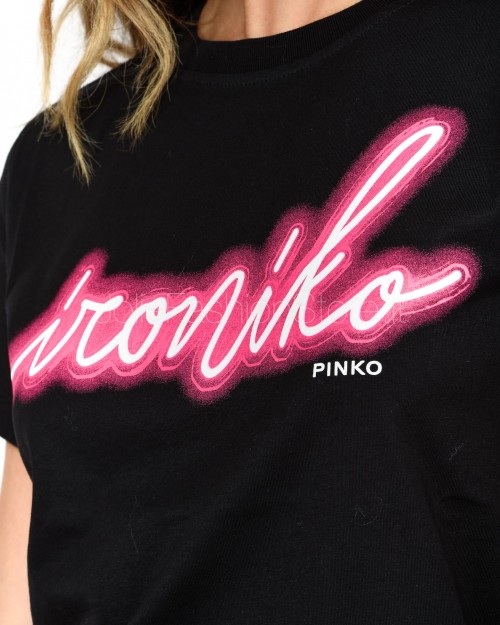 Pinko T-Shirt Nera Scritta Ironiko Fucsia  100355 A1AY ZW1