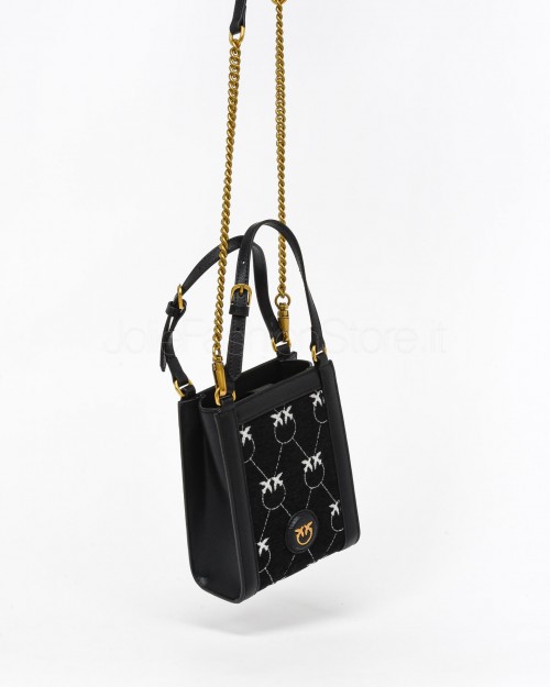 Pinko Pochette Box Micro Vertical Jacquard Nero Bianco Antique Gold