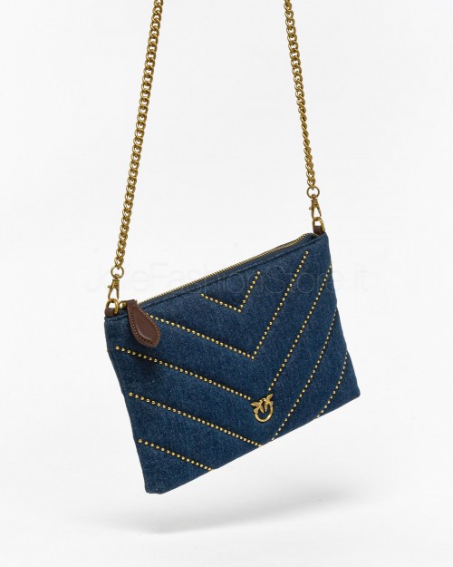 Pinko Pochette Flat Pouch in Denim con Borchie Antique Gold  100252 A1BT DN4Q