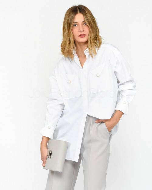 Elisabetta Franchi Camicia in Popeline di Cotone Con Taschine Bianco
