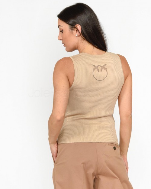 Pinko Ribbed Sleeveless Top with Beige Transparent Logo