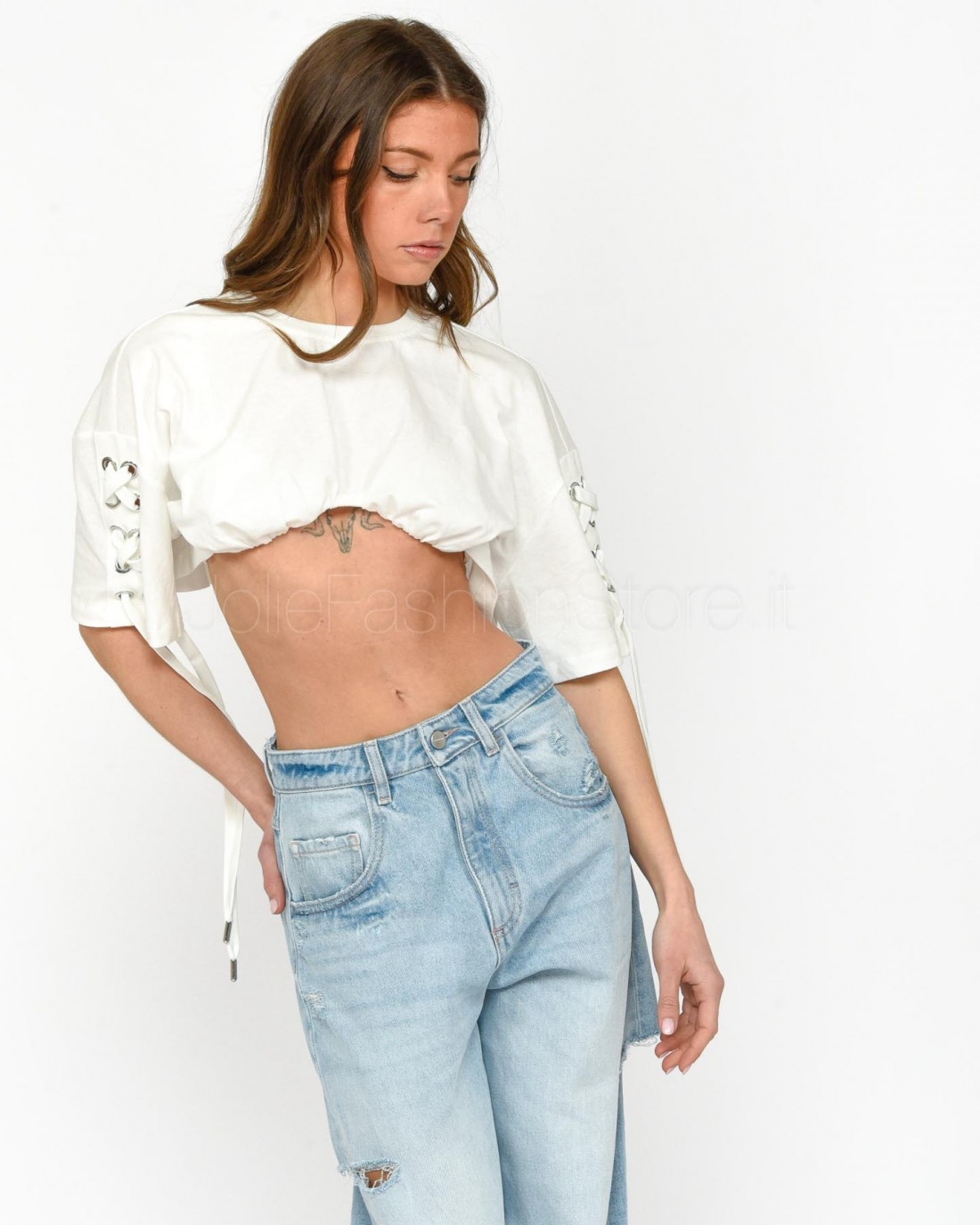 Pinko T-Shirt Crop Top con Stringhe Incrociate Bianco  103755 A1UA Z04