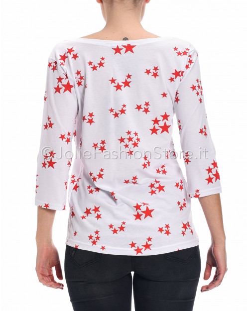 Jolie Crew White Three Quarter Sleeve T-Shirt with Red Stars  01027_SROSSA