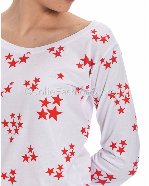 Jolie Crew White Three Quarter Sleeve T-Shirt with Red Stars  01027_SROSSA