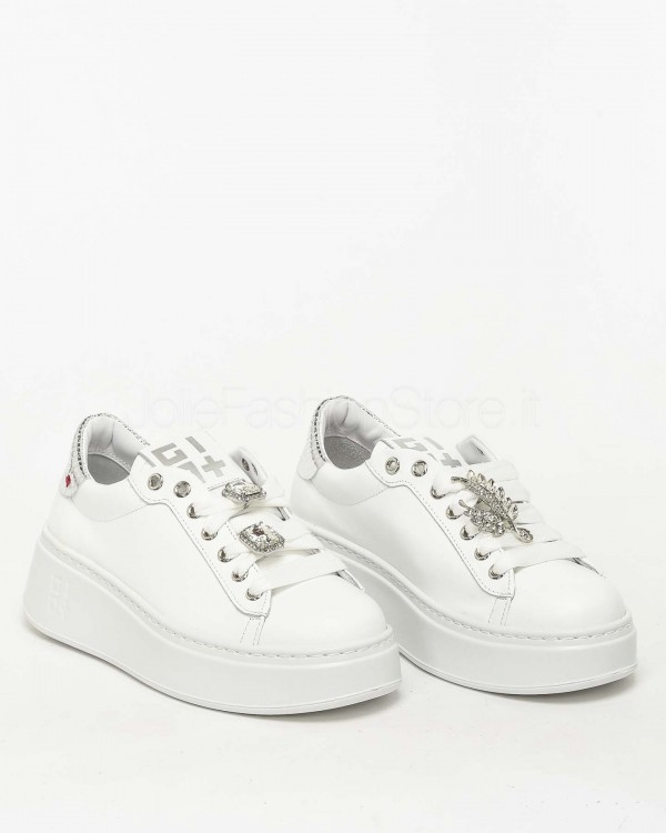 Gio+ Sneakers in Pelle Bianco - Argento  PIA 266A