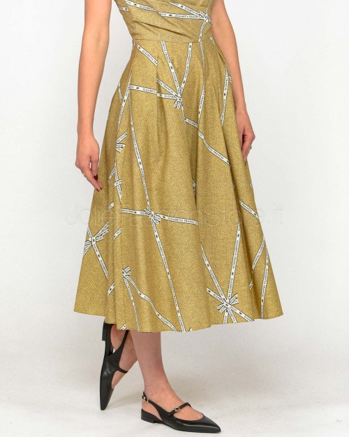 Elisabetta Franchi Abito In Cotone Stampa Rafia e Nastro Paglia/Burro  ABS5252E2 BE1
