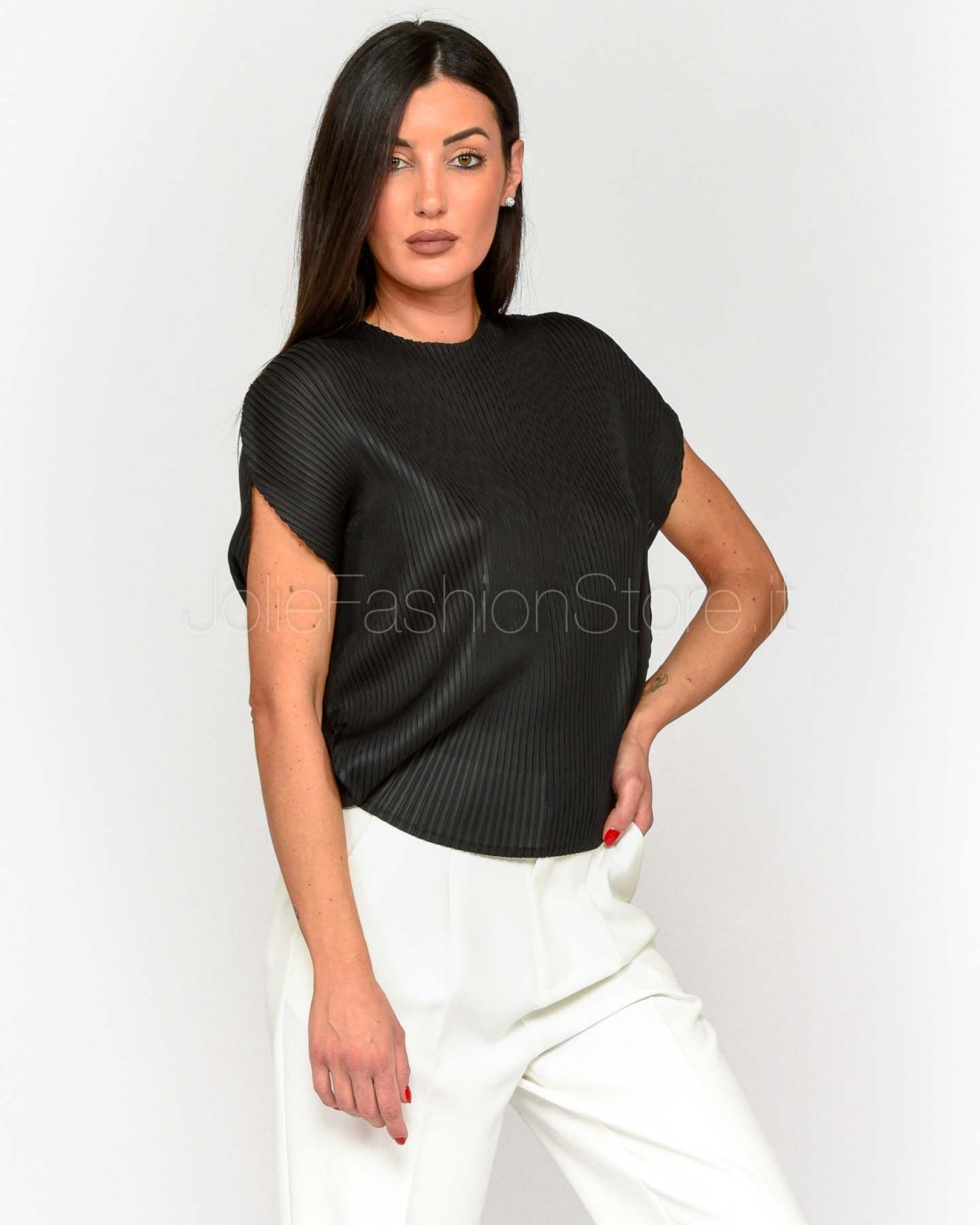 Meimeij Blusa Plissettata con Fianchi Ondulati Nero  M5PY02 100