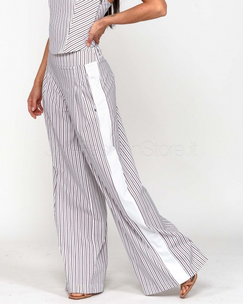 Patrizia Pepe Pantalone Palazzo in Popeline Rigato Bordeaux Stripes
