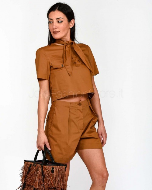 Patrizia Pepe Camicia Crop in popeline di cotone con foulard Mou Brown