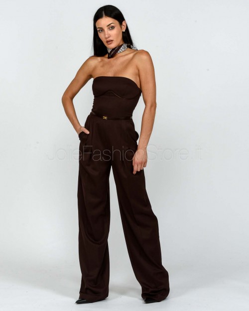 Elisabetta Franchi Tuta In Fresco di Lana Con Cintura Coffee  TU05256E2 EA3