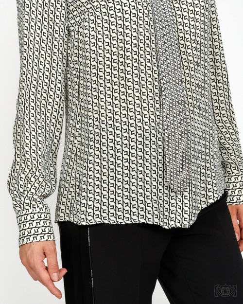 Elisabetta Franchi Camicia in Georgette Stampata con Cravatta Milk/Nero  CA10956E2 EF1