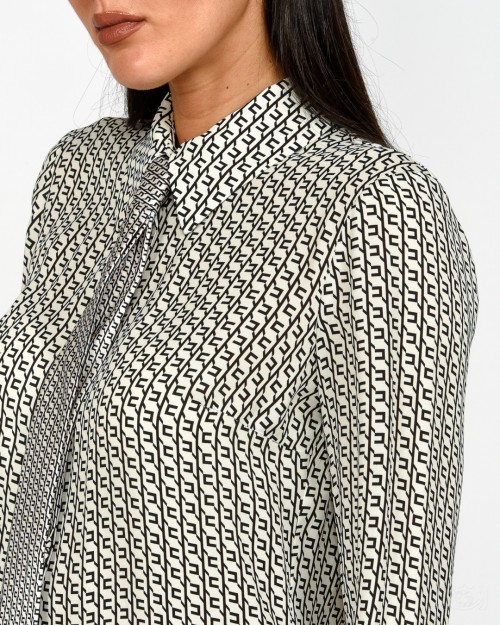 Elisabetta Franchi Camicia in Georgette Stampata con Cravatta Milk/Nero  CA10956E2 EF1