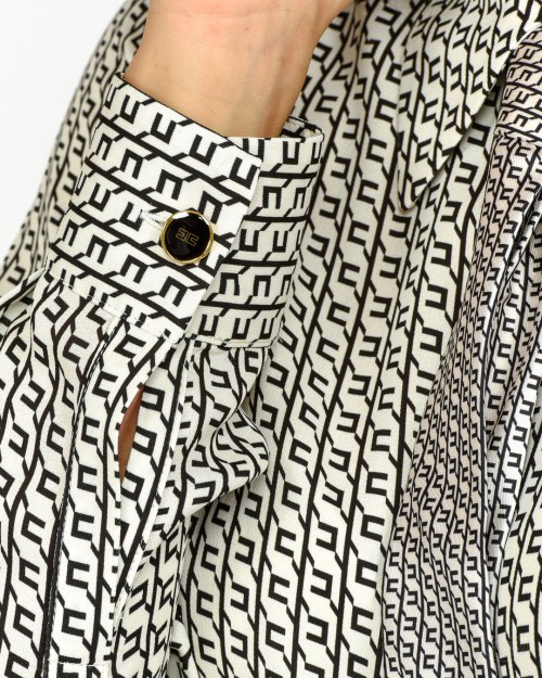 Elisabetta Franchi Camicia in Georgette Stampata con Cravatta Milk/Nero  CA10956E2 EF1