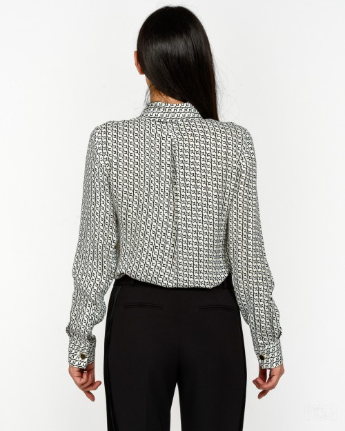 Elisabetta Franchi Camicia in Georgette Stampata con Cravatta Milk/Nero  CA10956E2 EF1