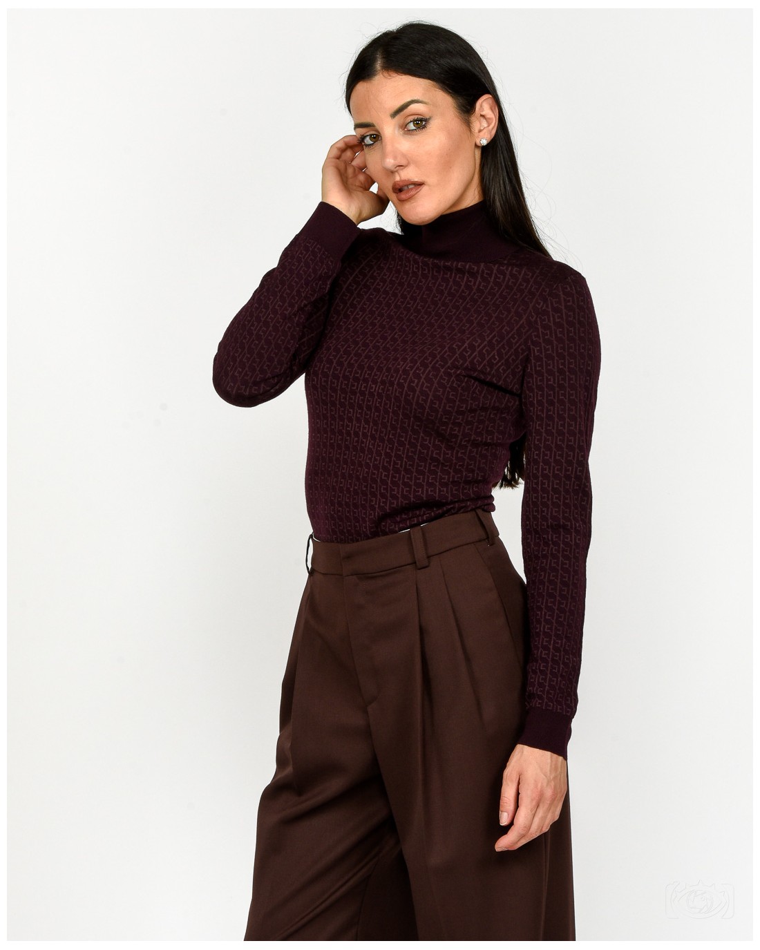 Elisabetta Franchi Maglia in Lana con Micro-logo Jacquard Merlot  MK23S56E2 EA4