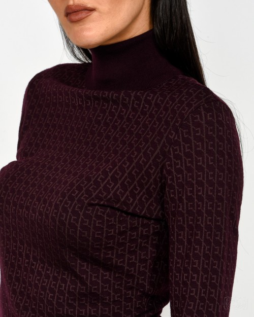Elisabetta Franchi Maglia in Lana con Micro-logo Jacquard Merlot  MK23S56E2 EA4