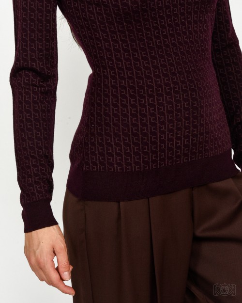 Elisabetta Franchi Maglia in Lana con Micro-logo Jacquard Merlot  MK23S56E2 EA4