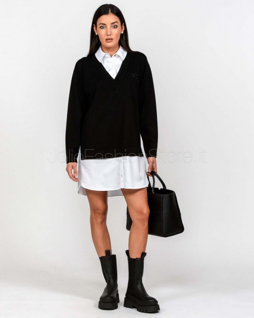 Elisabetta Franchi Abito in Maglia e Popeline di Cotone Nero/Bianco  AM09T56E2 222