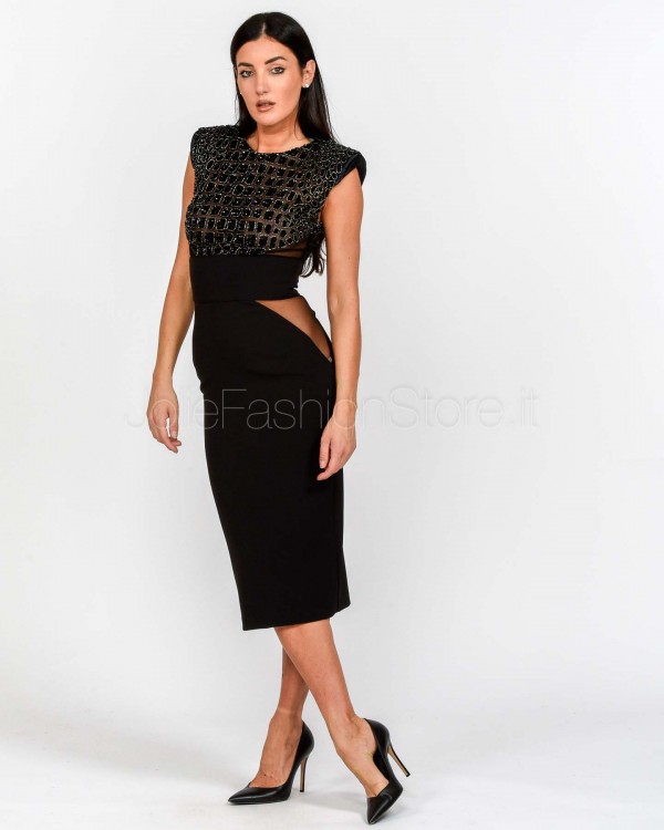 Elisabetta Franchi Abito Midi in Crêpe Leggero e Tulle con Ricami Cocco Nero  AB83457E2 110