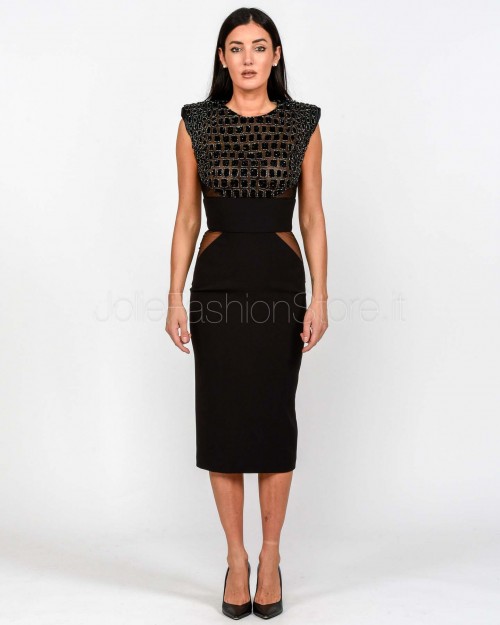 Elisabetta Franchi Abito Midi in Crêpe Leggero e Tulle con Ricami Cocco Nero  AB83457E2 110