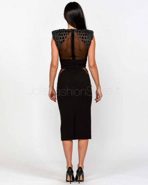 Elisabetta Franchi Abito Midi in Crêpe Leggero e Tulle con Ricami Cocco Nero  AB83457E2 110