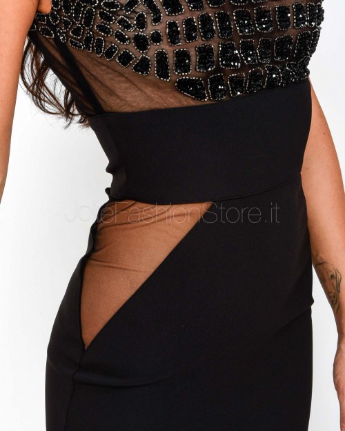 Elisabetta Franchi Abito Midi in Crêpe Leggero e Tulle con Ricami Cocco Nero  AB83457E2 110