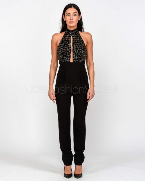 Elisabetta Franchi Tuta in Crêpe Leggero e Tulle con Ricami Cocco Nero  TU06257E2 110
