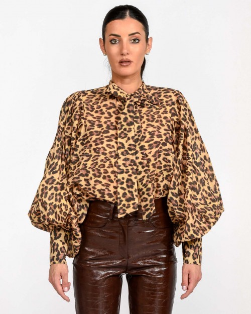 Actualee Camicia Over Con Fiocco Leopardata  15113 LEOPARDATO