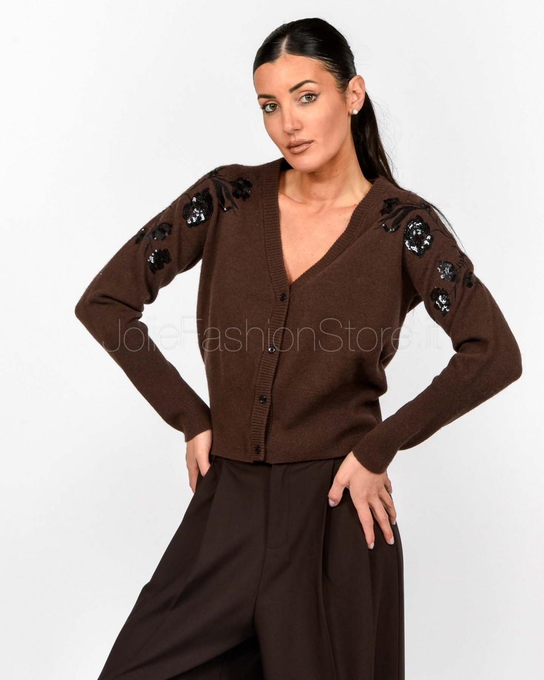Ermanno Cardigan Scollo a V Con Applicazioni Moro/Nero  D47EN001RE50-E50 MFA70