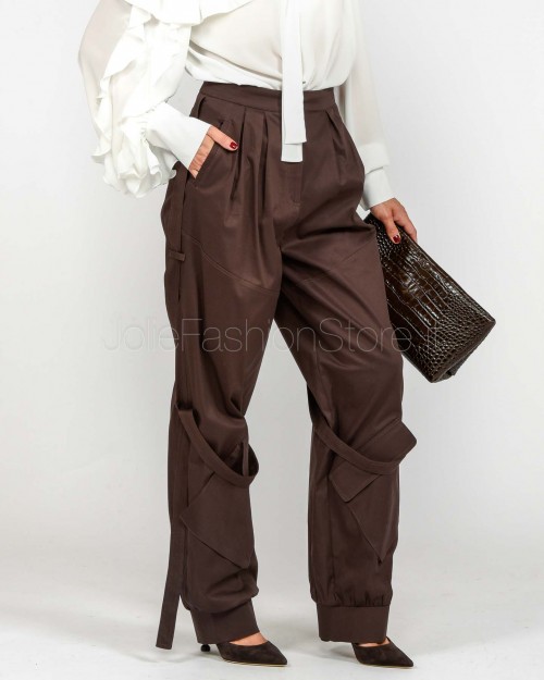 Actualee Pantalone Cargo Con Cinture Decorative Marrone  15187 BROWN