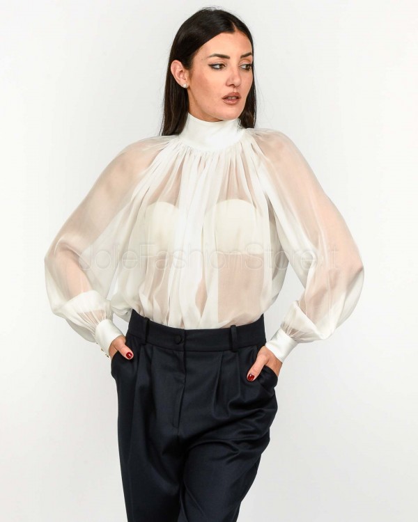 Elisabetta Franchi Blusa in Voile con Ganci Gioiello Bianco  CA13457E2 360