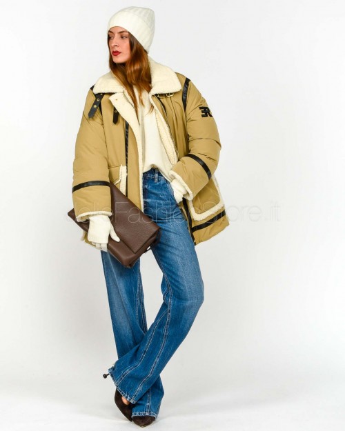 Ermanno Parka di Piuma Con Inserti in Montone e Pelle Ecologica Nocciola  D47EA001EM0-EM0 MF545