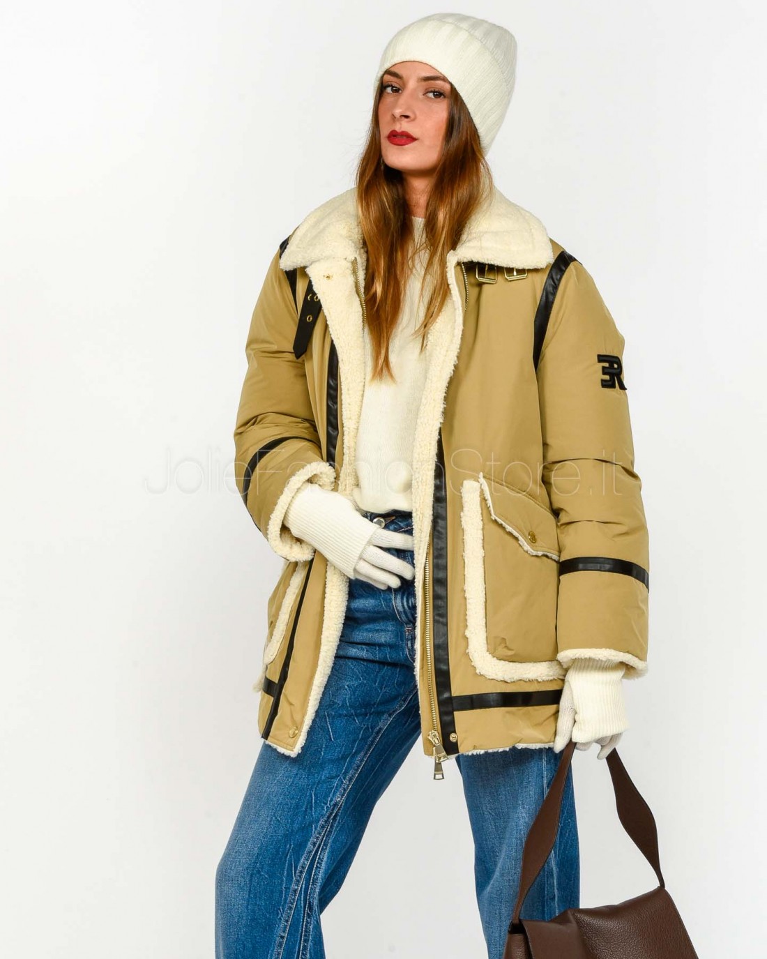 Ermanno Parka di Piuma Con Inserti in Montone e Pelle Ecologica Nocciola  D47EA001EM0-EM0 MF545