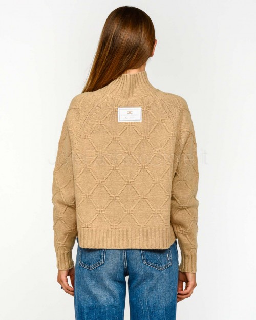 Elisabetta Franchi Pullover in Maglia con Losanghe Jacquard Honey  MK55T57E2 EA2