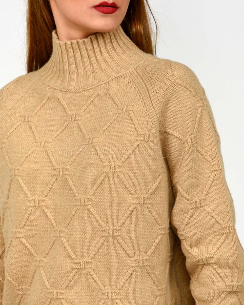 Elisabetta Franchi Pullover in Maglia con Losanghe Jacquard Honey  MK55T57E2 EA2