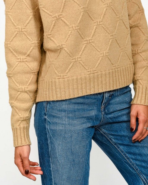 Elisabetta Franchi Pullover in Maglia con Losanghe Jacquard Honey  MK55T57E2 EA2