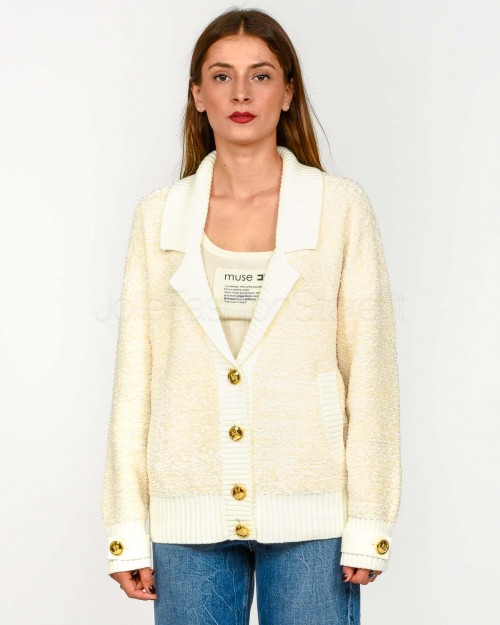 Elisabetta Franchi Cardigan in Ciniglia Bouclé con Bottoni Gioiello Milk  MK44S57E2 DZ9