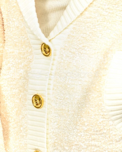 Elisabetta Franchi Cardigan in Ciniglia Bouclé con Bottoni Gioiello Milk  MK44S57E2 DZ9