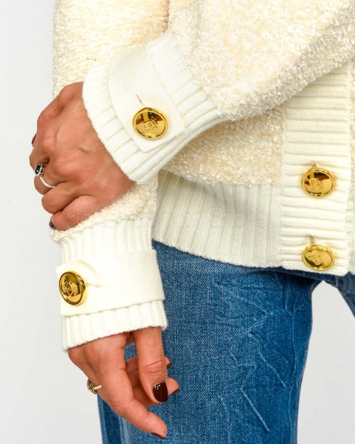 Elisabetta Franchi Cardigan in Ciniglia Bouclé con Bottoni Gioiello Milk  MK44S57E2 DZ9