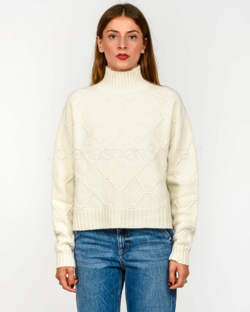 Elisabetta Franchi Pullover in Maglia con Losanghe Jacquard Milk  MK55T57E2 DZ9