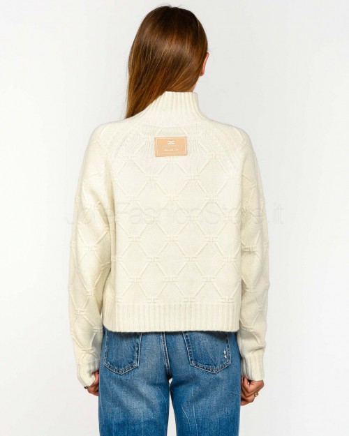 Elisabetta Franchi Pullover in Maglia con Losanghe Jacquard Milk  MK55T57E2 DZ9