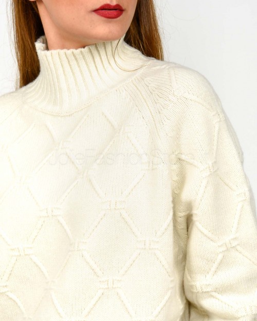 Elisabetta Franchi Pullover in Maglia con Losanghe Jacquard Milk  MK55T57E2 DZ9