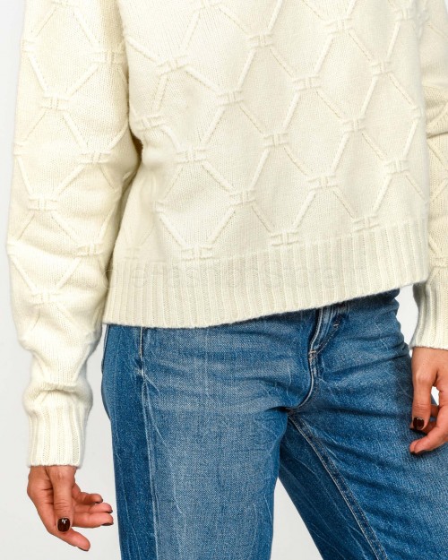 Elisabetta Franchi Pullover in Maglia con Losanghe Jacquard Milk  MK55T57E2 DZ9