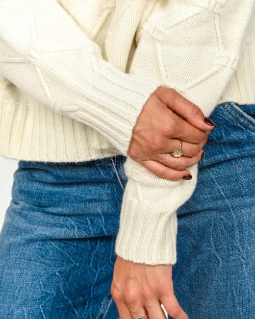 Elisabetta Franchi Pullover in Maglia con Losanghe Jacquard Milk  MK55T57E2 DZ9