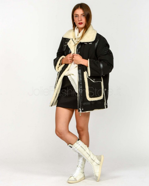 Ermanno Parka di Piuma Con Inserti in Montone e Pelle Ecologica Nero  D47EA001EM0-EM0 MF099