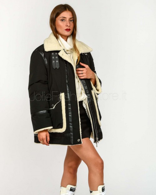 Ermanno Parka di Piuma Con Inserti in Montone e Pelle Ecologica Nero  D47EA001EM0-EM0 MF099